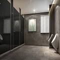 Modern Public Toilet With Glass Partitions Gray Walls Window Blinds Daisy Painting And Urinals