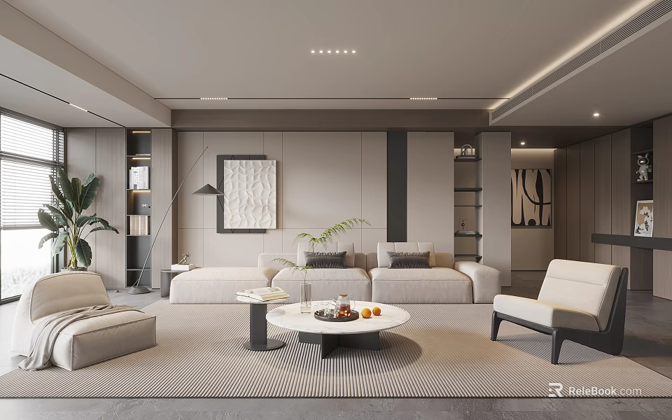Modern Living Room Interior Design With Sectional Sofa Coffee Table Indoor Plant And Wall Art 3d model 