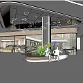 Modern Shop Interior With Geometric Pendant Lights Green Plant Display And Seating Area