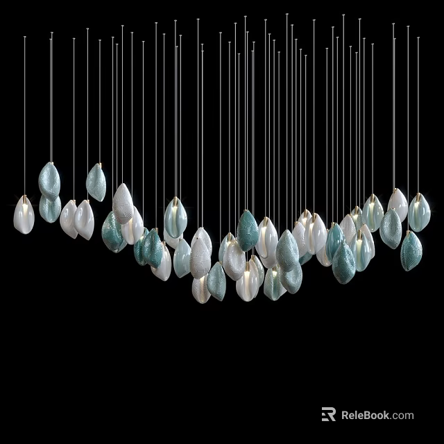 Modern Artistic Chandelier With Multiple Teardrop Shaped Blue And White Pendants Hanging 3d model 