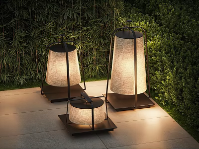 Three Outdoor Lamps With Fabric Shades And Metal Frames On Patio With Greenery 3d model