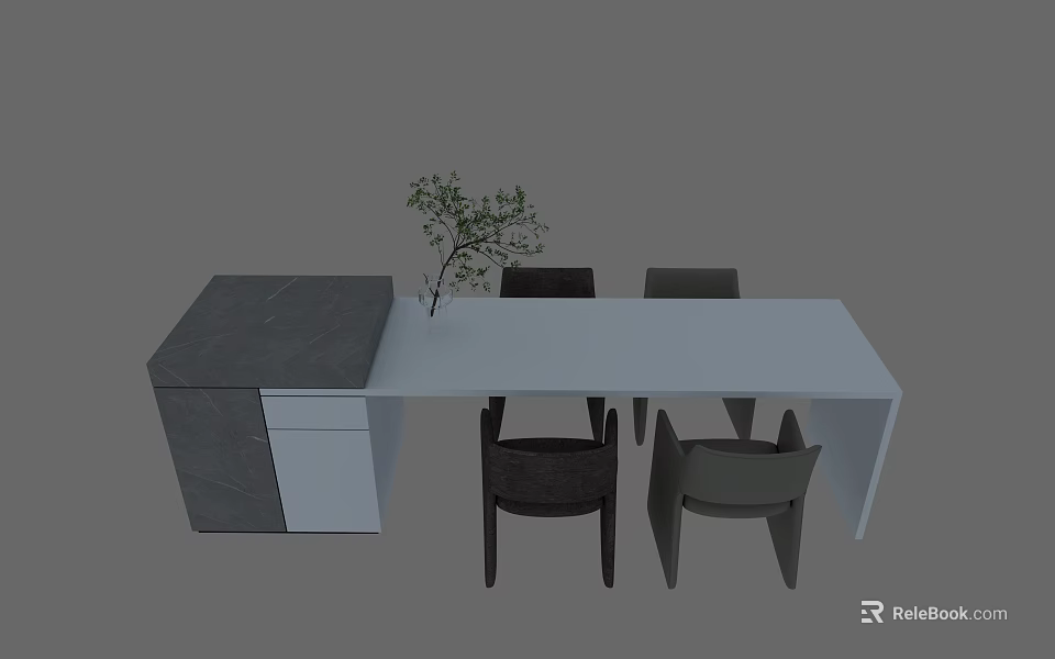 Modern Dining Table Combination With White Tabletop Four Chairs And Decorative Plant 3d model