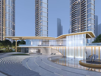 Modern High Rise Residential Building With Glass Facade Curved Entrance Water Feature And Circular Plaza 3d model
