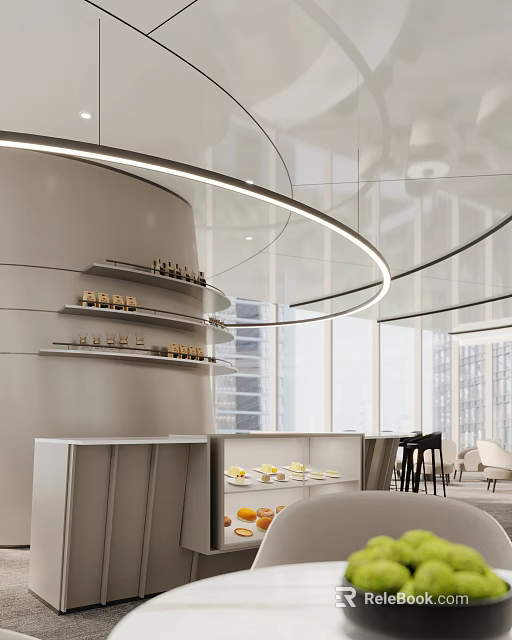 Modern Pantry Interior With Circular Light Strip Multi Tiered Shelves Large Windows And City View 3d model 