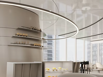 Modern Pantry Interior With Circular Light Strip Multi Tiered Shelves Large Windows And City View 3d model