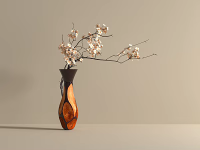Brown and Black Vase with Wooden Texture Holding White Flowering Branches in Minimalist Setting 3d model