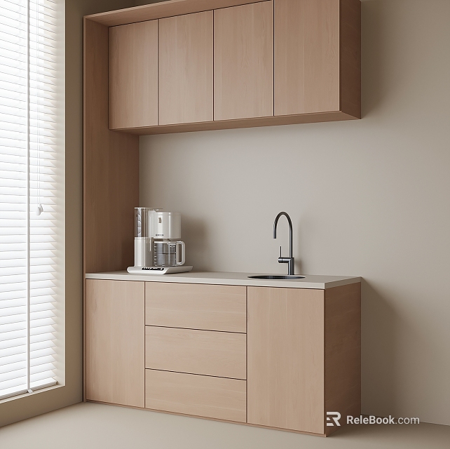 Modern Wooden Sideboard With Upper Cabinets Lower Drawers Countertop With Appliances And Sink Window Blinds 3d model 