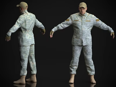 Man In Camouflage Military Uniform Front And Back View On Black Background 3d model