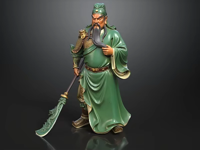 Green Guan Yu Sculpture Carving With Traditional Attire And Dragon Crescent Blade 3d model