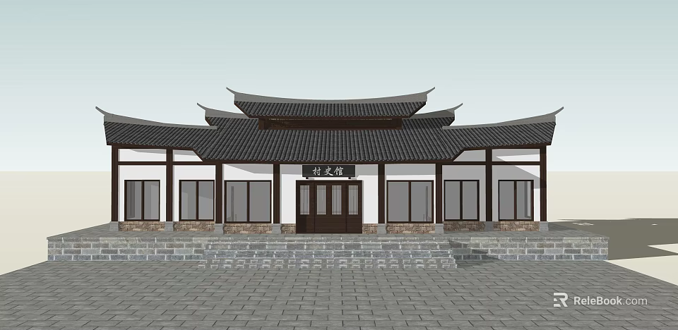 Traditional Chinese Ancient Architecture With Curved Eaves Roof Wooden Structure And Windows 3d model 