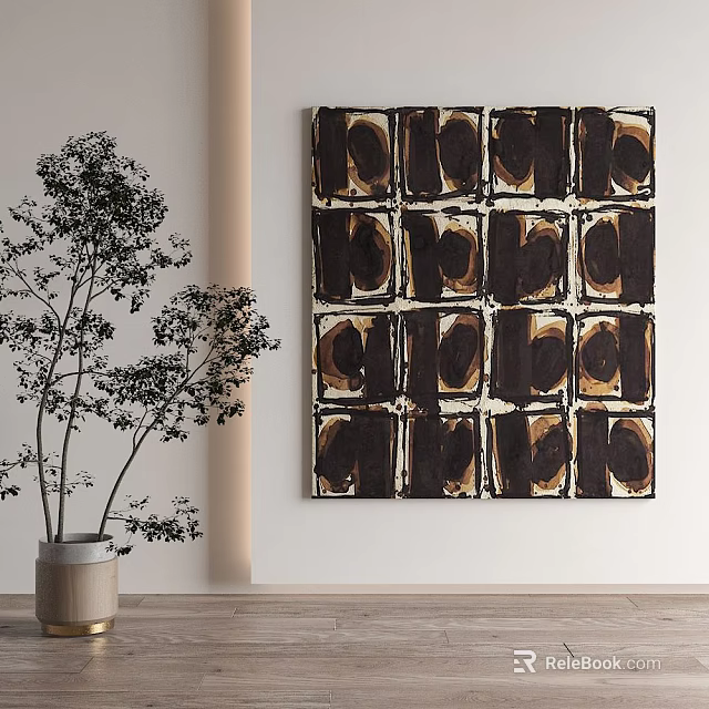Abstract Geometric Painting With Brown Black Patterns And Indoor Plant In Modern Interior 3d model 