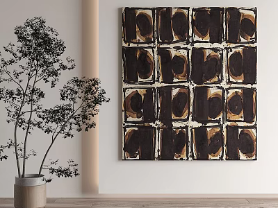Abstract Geometric Painting With Brown Black Patterns And Indoor Plant In Modern Interior 3d model