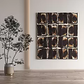 Abstract Geometric Painting With Brown Black Patterns And Indoor Plant In Modern Interior