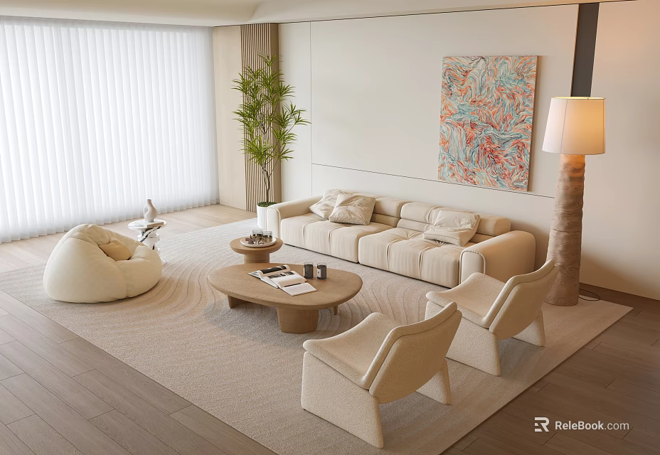 Modern Beige Sofa and Coffee Table Set with Armchairs Rug Floor Lamp and Abstract Painting 3d model 