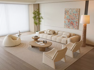 Modern Beige Sofa and Coffee Table Set with Armchairs Rug Floor Lamp and Abstract Painting 3d model