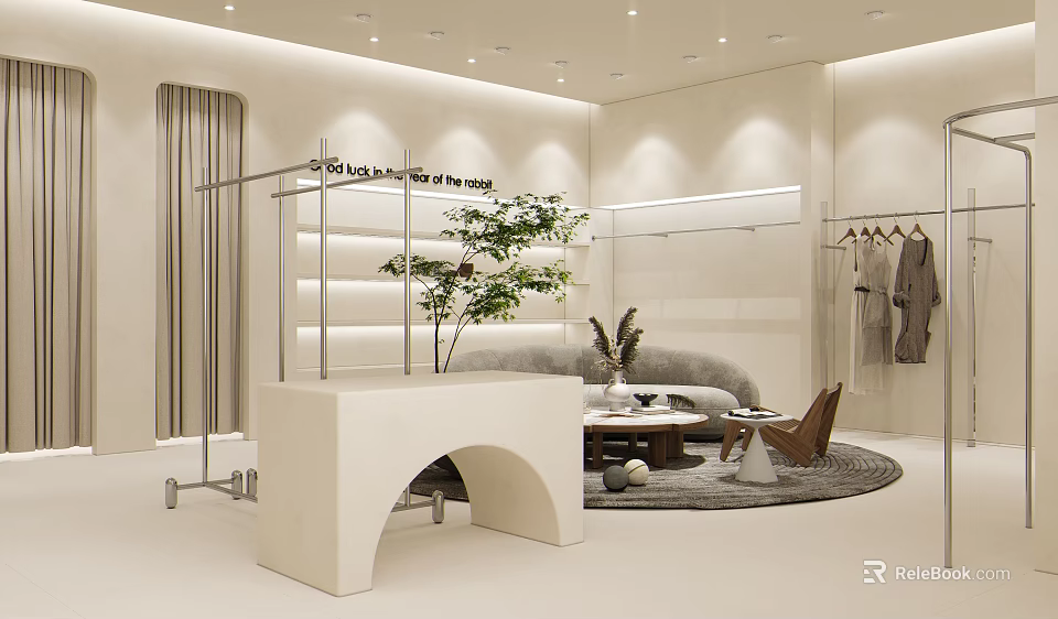 Modern Clothing Store Interior Design With Clothing Racks Display Counter Sofa And Plants 3d model 