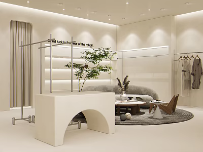 Modern Clothing Store Interior Design With Clothing Racks Display Counter Sofa And Plants 3d model