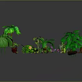 Cartoon Nature Scene Featuring Green Trees Various Leaves Colorful Flowers Small Plants And Wooden Stump