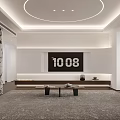 Modern Living Dining Room Interior with Wooden Wall Beige Sofa Coffee Table Circular Ceiling Light