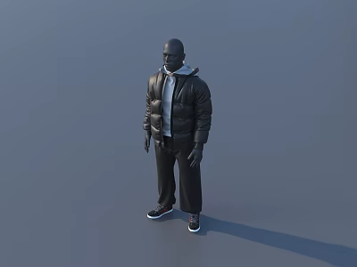 Model Wearing Black Puffer Jacket With Hoodie Black Pants And Sneakers 3D Full Body 3d model