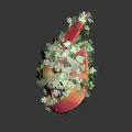 Dragon Fruit Shaped Decorative Sculpture Adorned With Green Vines And Leaves With Reflection