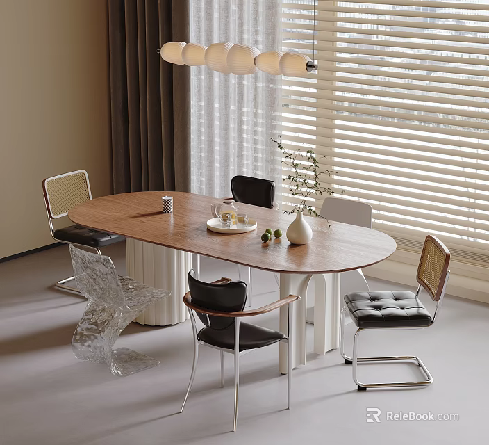 Modern Dining Table And Chairs Set With Wooden Top Different Design Seats And Window Blinds 3d model 