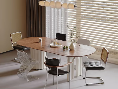 Modern Dining Table And Chairs Set With Wooden Top Different Design Seats And Window Blinds 3d model