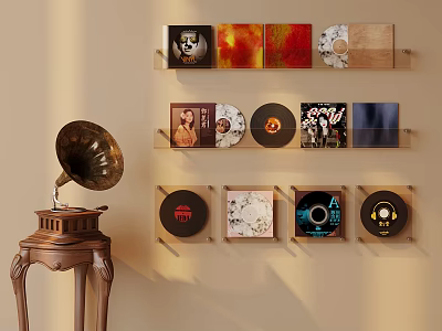 Vintage Gramophone With Vinyl Records Display On Wall Shelves And Classic Album Covers 3d model