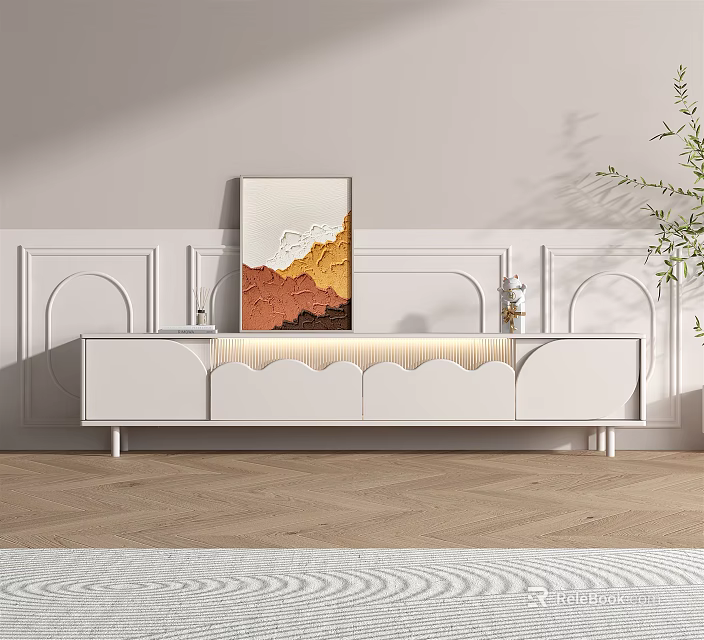 Modern White TV Stand with Scalloped Front and Wall Art in Decorative Panel Living Room 3d model 