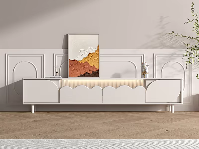 Modern White TV Stand with Scalloped Front and Wall Art in Decorative Panel Living Room 3d model