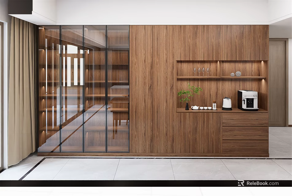 Modern Wooden Wine Cabinet With Glass Door And Decorative Plants In Interior 3d model 