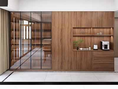 Modern Wooden Wine Cabinet With Glass Door And Decorative Plants In Interior 3d model