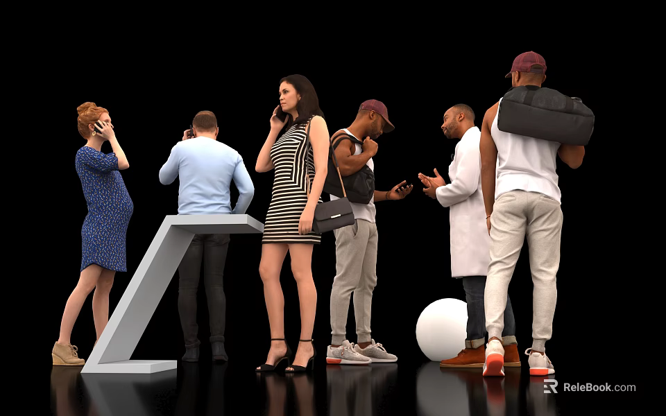 Multiple People Talking On Phones Using Devices With White Table White Ball Against Black Background 3d model