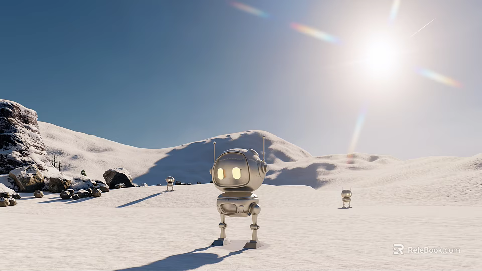 Robot Sculpture Display In Snowy Landscape With Sunny Sky And Vehicles 3d model 