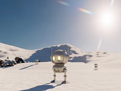 Robot Sculpture Display In Snowy Landscape With Sunny Sky And Vehicles 3d model