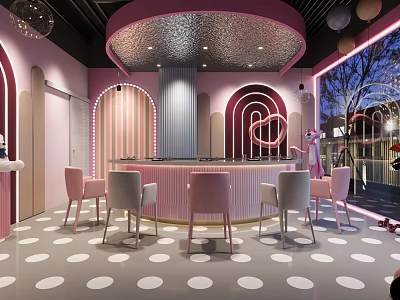 Pink Themed Interior With Bar Chairs And Arched Decor 3d model