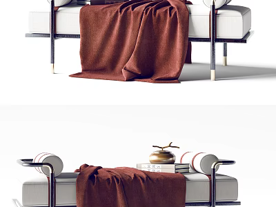 Modern Upholstered Ottoman With Brown Blanket Metal Legs And Armrests Design 3d model