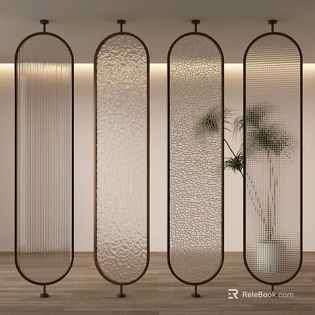 Modern Interior Room Dividers With Metal Frame Ribbed Textured Glass Mesh And Plant 3d model 