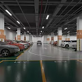 Indoor Modern Parking Garage with Fire Trucks Cars White Floor Markings and Ceiling Lights