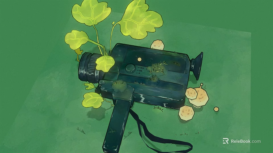 Vintage Black Digital Camera With Green Leaves And Round Fruits On Green Background 3d model 