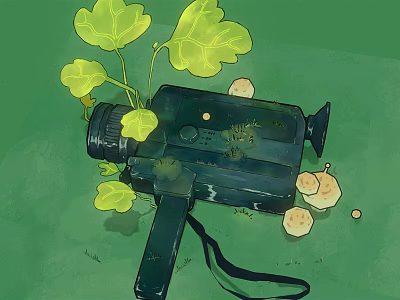 Vintage Black Digital Camera With Green Leaves And Round Fruits On Green Background 3d model