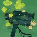 Vintage Black Digital Camera With Green Leaves And Round Fruits On Green Background