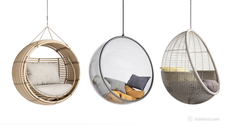 Stylish Hanging Chairs With Woven And Transparent Designs And Comfortable Cushions 3d model 