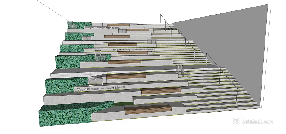 Modern Staircase Design With Tiered Wooden Steps Stone Risers And Greenery 3d model 