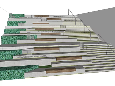 Modern Staircase Design With Tiered Wooden Steps Stone Risers And Greenery 3d model
