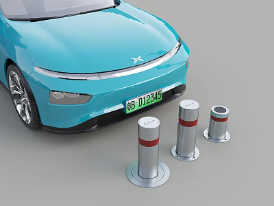 Road Facilities With Red And White Striped Traffic Bollards Next To Blue Car 3d model