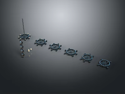 Vintage Metal Ship Wheels Decorative Collection Arranged In Row With Stand 3d model