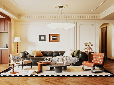 Cozy Warm Retro Living Room With Black Leather Sofa Comfortable Chairs And Exquisite Chandelier 3d model