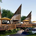 Detached Villa With Triangular Roof Wooden Deck And Yellow Umbrellas By Water At Night