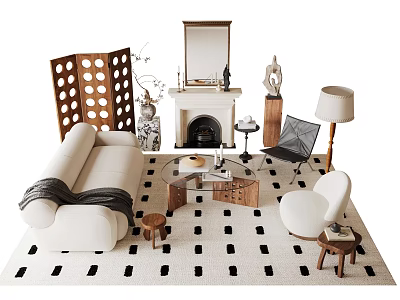 White Sofa And Coffee Table Set With Fireplace Room Divider And Area Rug 3d model